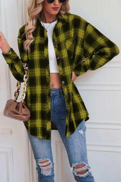 Plaid Button Up Dropped Shoulder Outerwear - Trendsi - Flyclothing LLC