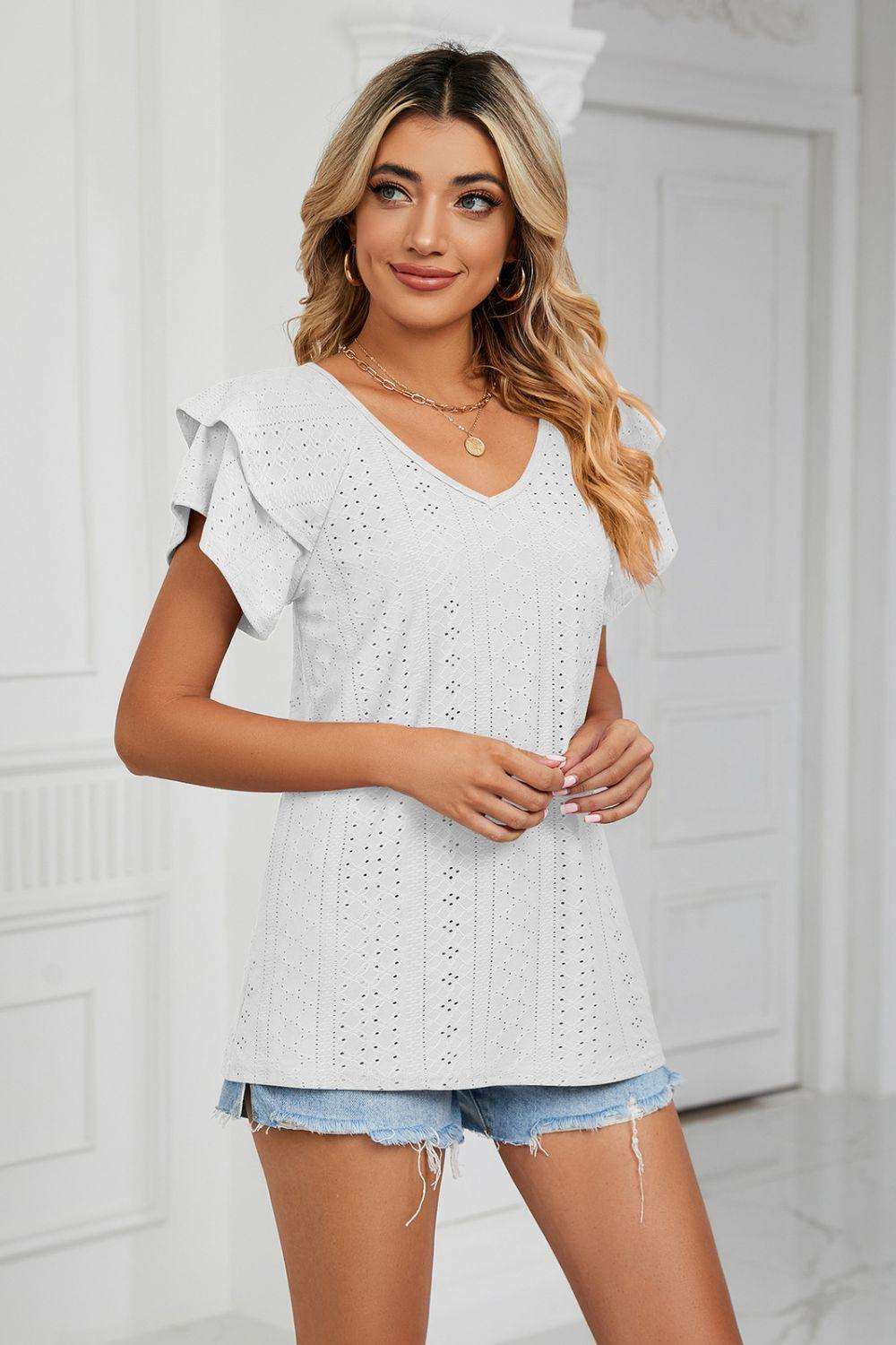 Eyelet Layered Flutter Sleeve V-Neck Knit Top - Trendsi - Flyclothing LLC