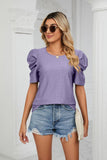 Eyelet Puff Sleeve Round Neck Blouse - Trendsi