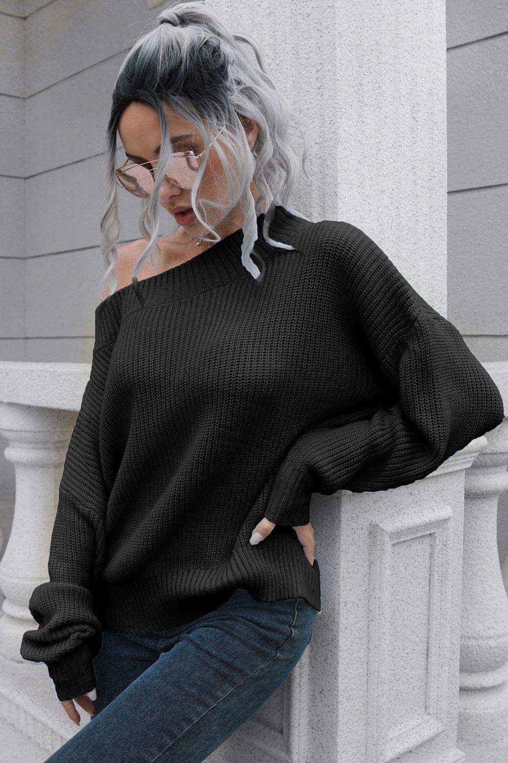 Off-Shoulder Ribbed Long Sleeve Pullover Sweater - Trendsi - Flyclothing LLC