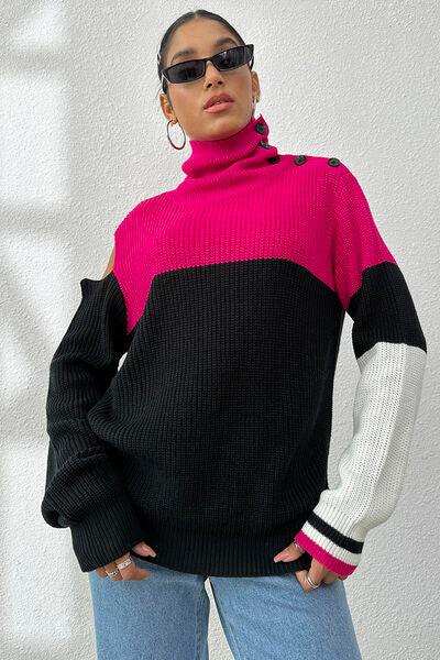 Contrast Buttoned Cutout Long Sleeve Sweater - Trendsi - Flyclothing LLC