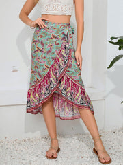 Tie Waistband Flounce Hem Midi Skirt - Flyclothing LLC