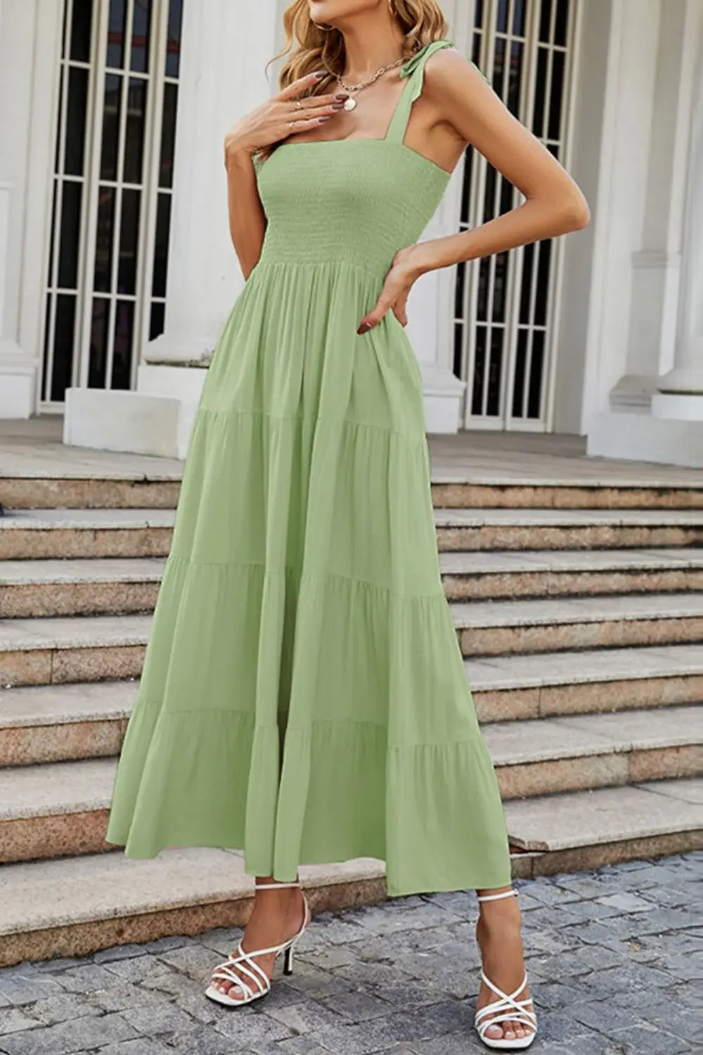 Tie-Shoulder Smocked Tiered Dress - Trendsi - Flyclothing LLC