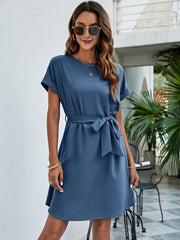 Belted Round Neck Curved Hem Dress - Trendsi