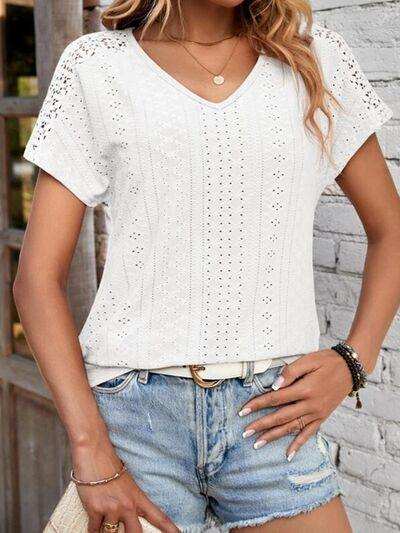 Eyelet V-Neck Short Sleeve T-Shirt - Trendsi - Flyclothing LLC