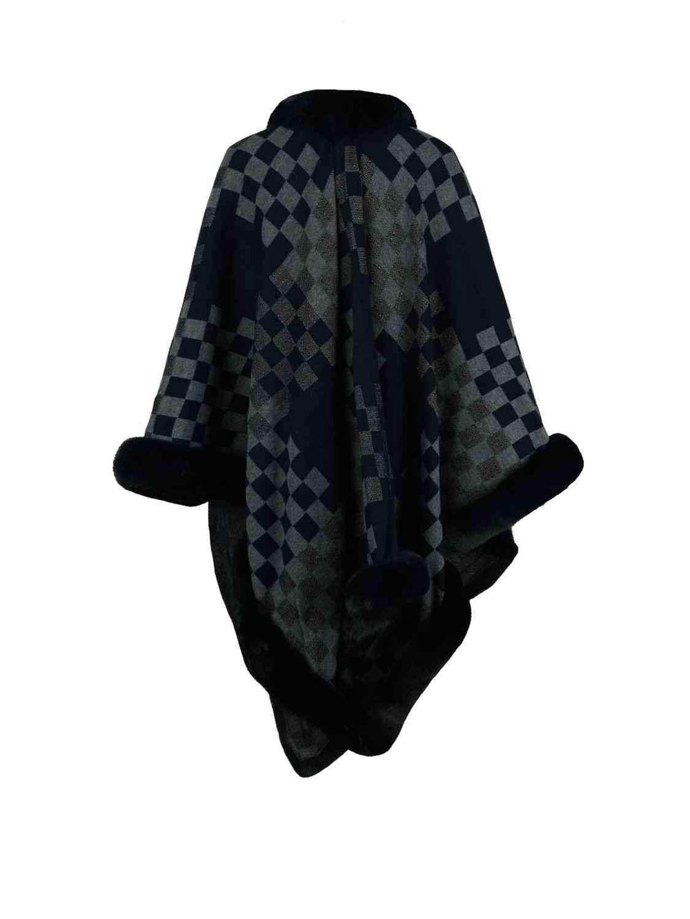Checkered Faux Fur Trim Poncho - Trendsi - Flyclothing LLC