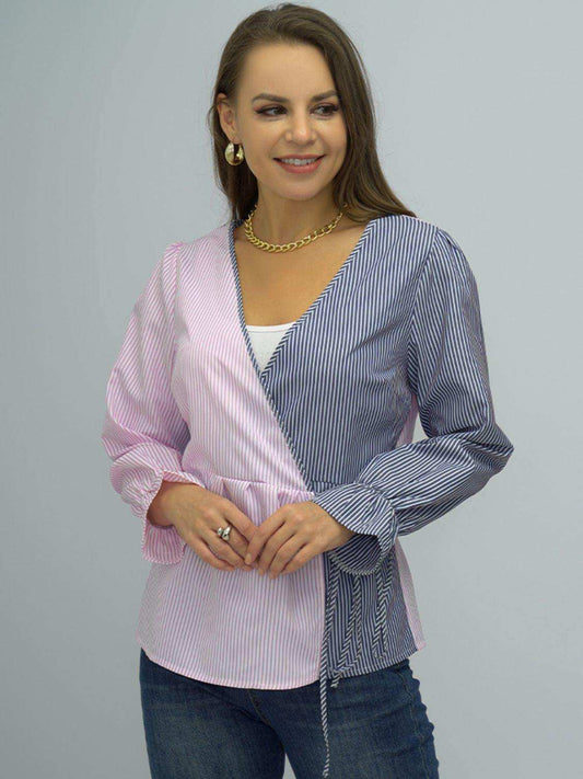 Surplice Neck Striped Long Sleeve Blouse - Trendsi - Flyclothing LLC