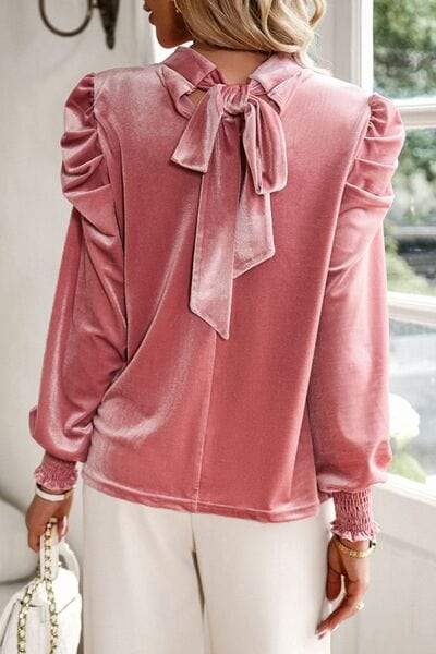 Tie Up Mock Neck Velvet Fabric Long Sleeve Blouse - Trendsi - Flyclothing LLC
