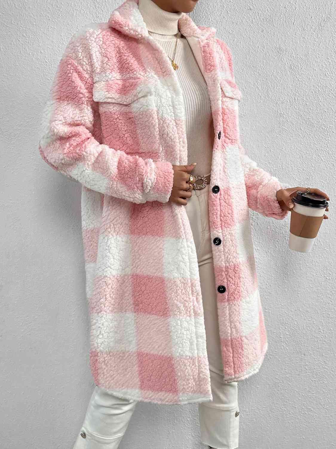 Plaid Collared Neck Button Down Coat - Trendsi