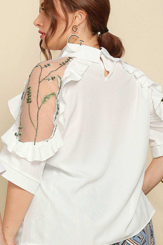 Plus Size Embroidered Ruffle Trim Collared Half Sleeve Blouse - Trendsi - Flyclothing LLC