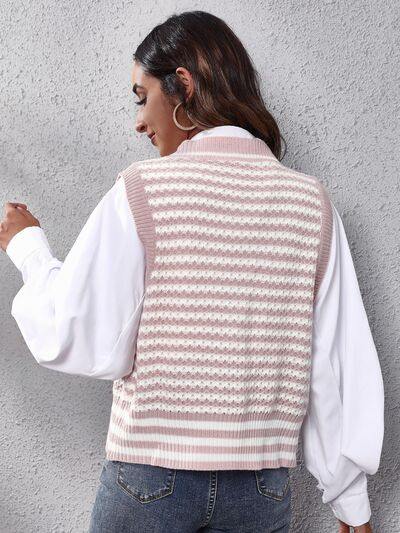 Striped Button Up V-Neck Sweater Vest - Flyclothing LLC