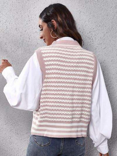 Striped Button Up V-Neck Sweater Vest - Trendsi - Flyclothing LLC