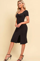 Ruched Sweetheart Neck Short Sleeve Slit Dress - Trendsi - Flyclothing LLC