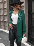 Pearl Detail Cable-Knit Button Up Cardigan - Trendsi