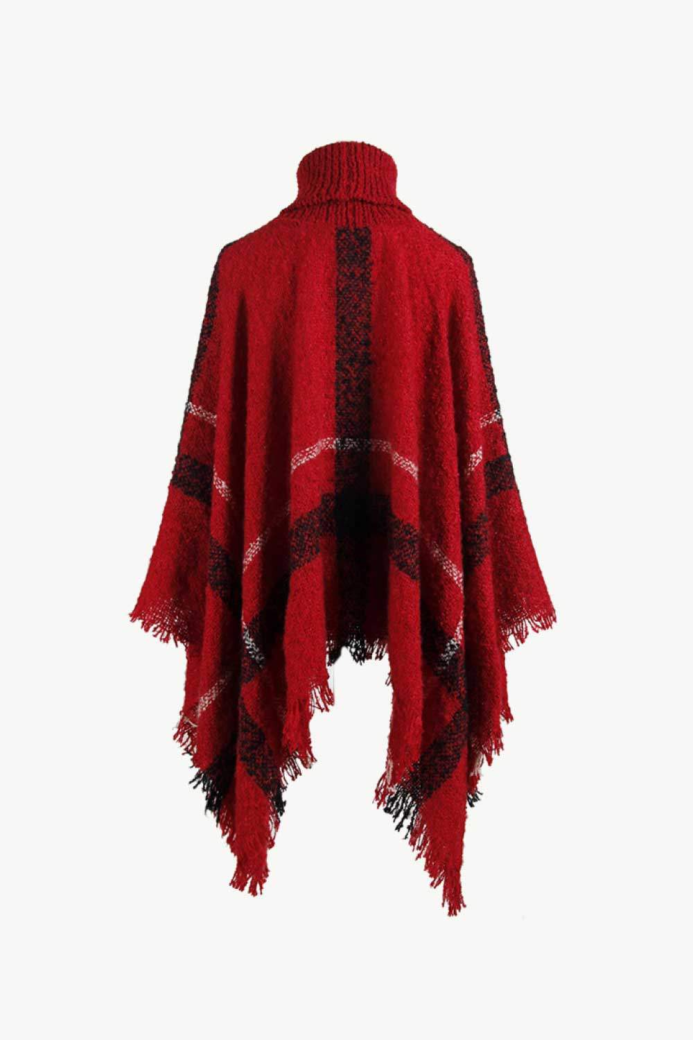 Plaid Turtleneck Raw Hem Poncho - Trendsi - Flyclothing LLC