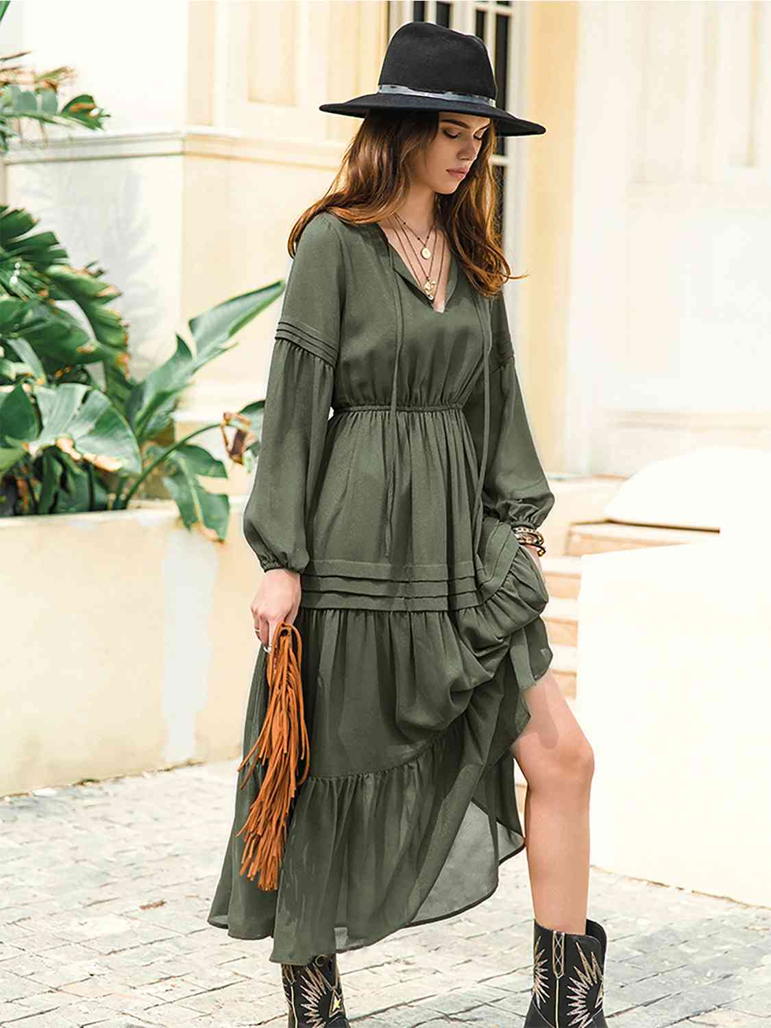 Tie Neck Long Sleeve Midi Tiered Dress - Trendsi - Flyclothing LLC
