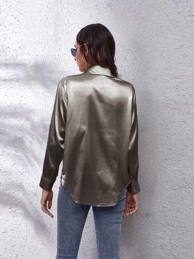 Button Up Collared Neck Long Sleeve Shirt - Trendsi