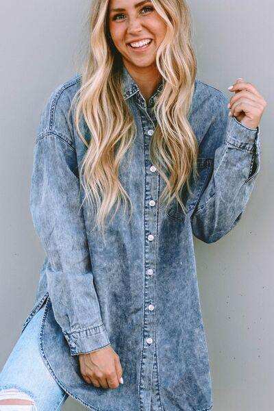 Button Up Dropped Shoulder Denim Top - Trendsi - Flyclothing LLC