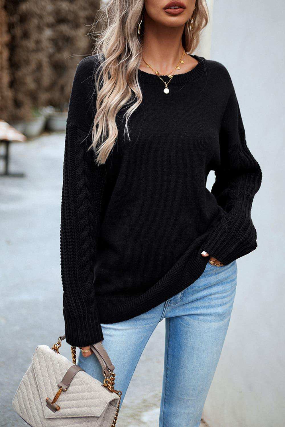 Cable-Knit Round Neck Drop Shoulder Sweater - Trendsi - Flyclothing LLC