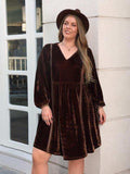 Plus Size V-Neck Balloon Sleeves Dress - Trendsi - Flyclothing LLC