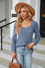 Ribbed Square Neck Long Sleeve T-Shirt - Trendsi