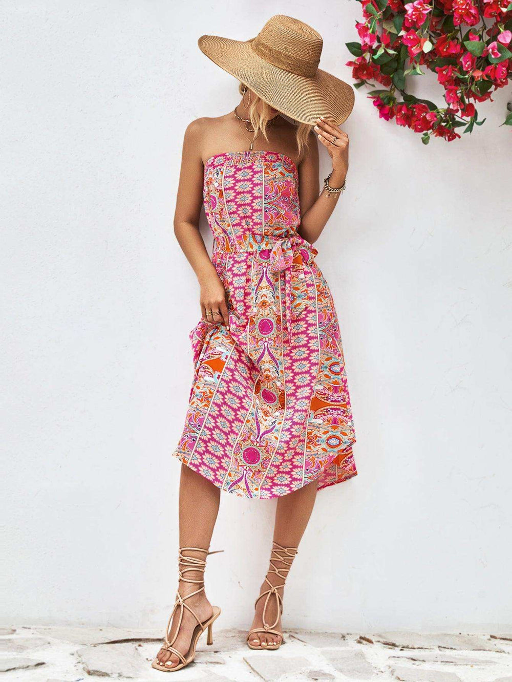 Printed Strapless Tie Belt Dress - Trendsi - Flyclothing LLC