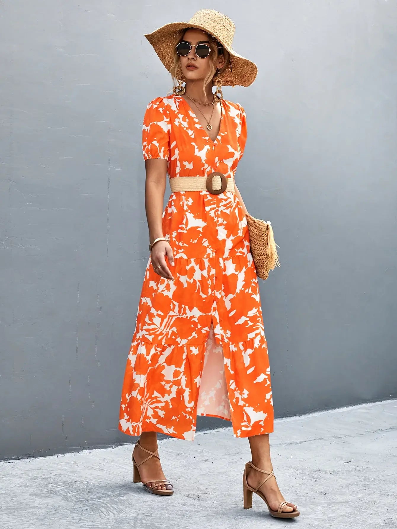 V-Neck Short Sleeve High Slit Midi Dress - Trendsi - Flyclothing LLC