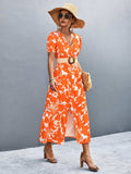 V-Neck Short Sleeve High Slit Midi Dress - Trendsi - Flyclothing LLC
