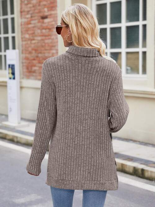 Ribbed Turtleneck Long Sleeve Slit Knit Top - Trendsi - Flyclothing LLC