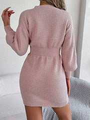 Buttoned Cable-Knit V-Neck Sweater Dress - Trendsi