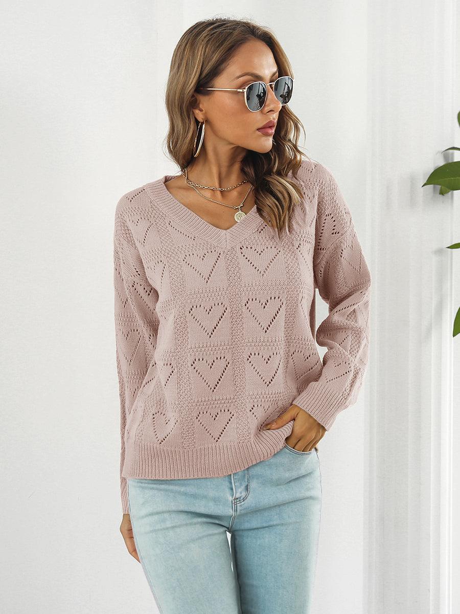 Openwork V-Neck Sweater - Trendsi