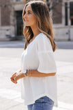 Waffle-Knit V-Neck Dropped Shoulder Blouse - Trendsi - Flyclothing LLC