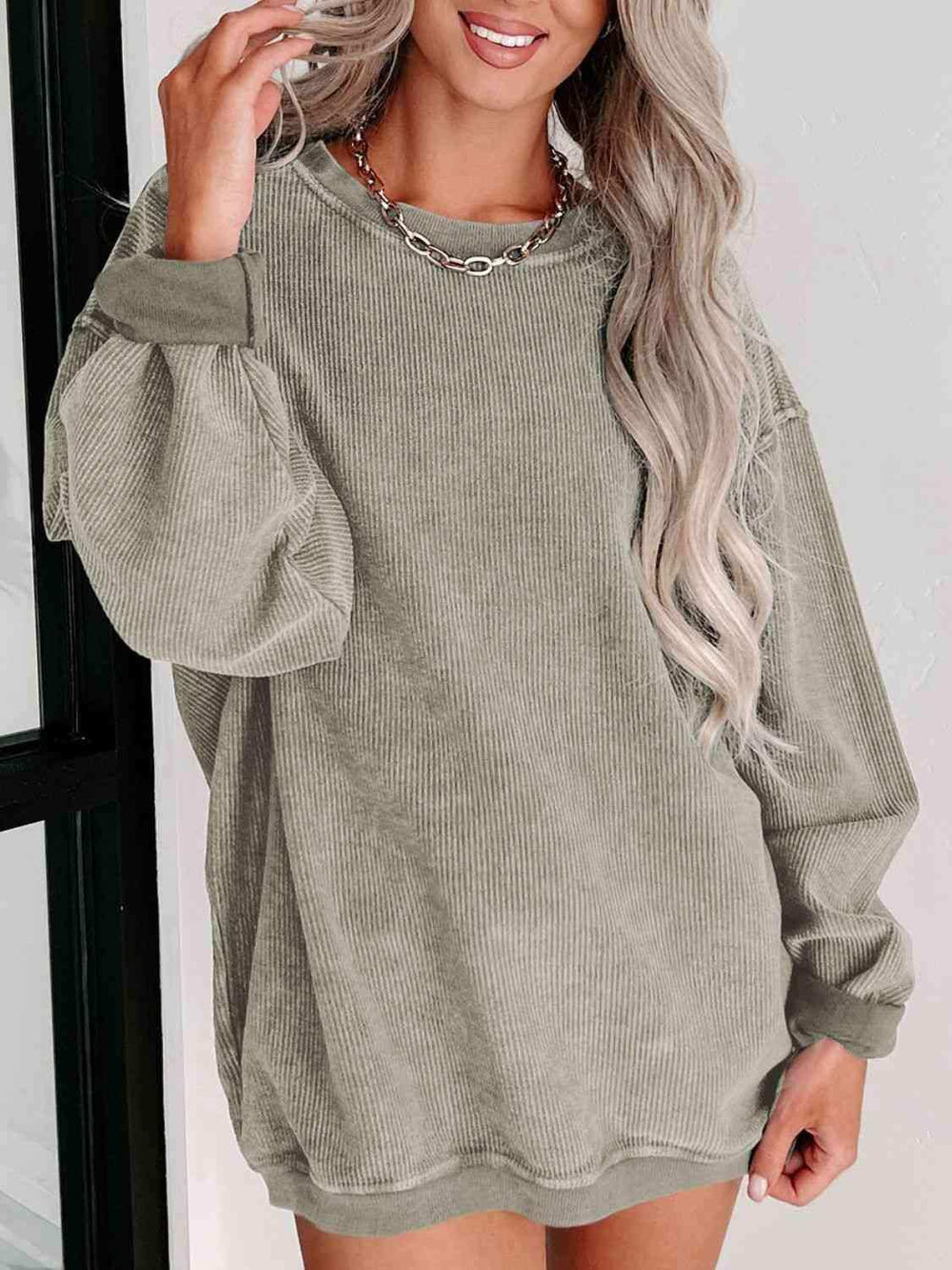 Round Neck Dropped Shoulder Sweatshirt - Trendsi - Flyclothing LLC