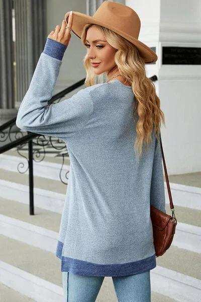 Slit V-Neck Long Sleeve T-Shirt - Trendsi - Flyclothing LLC