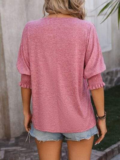 Heathered Notched Lantern Sleeve Blouse - Trendsi - Flyclothing LLC