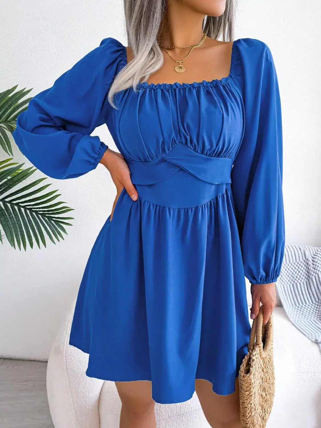 Tied Square Neck Balloon Sleeve Dress - Trendsi - Flyclothing LLC