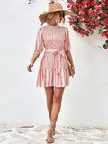 Striped Half Sleeve Tie Waist Mini Dress - Trendsi - Flyclothing LLC