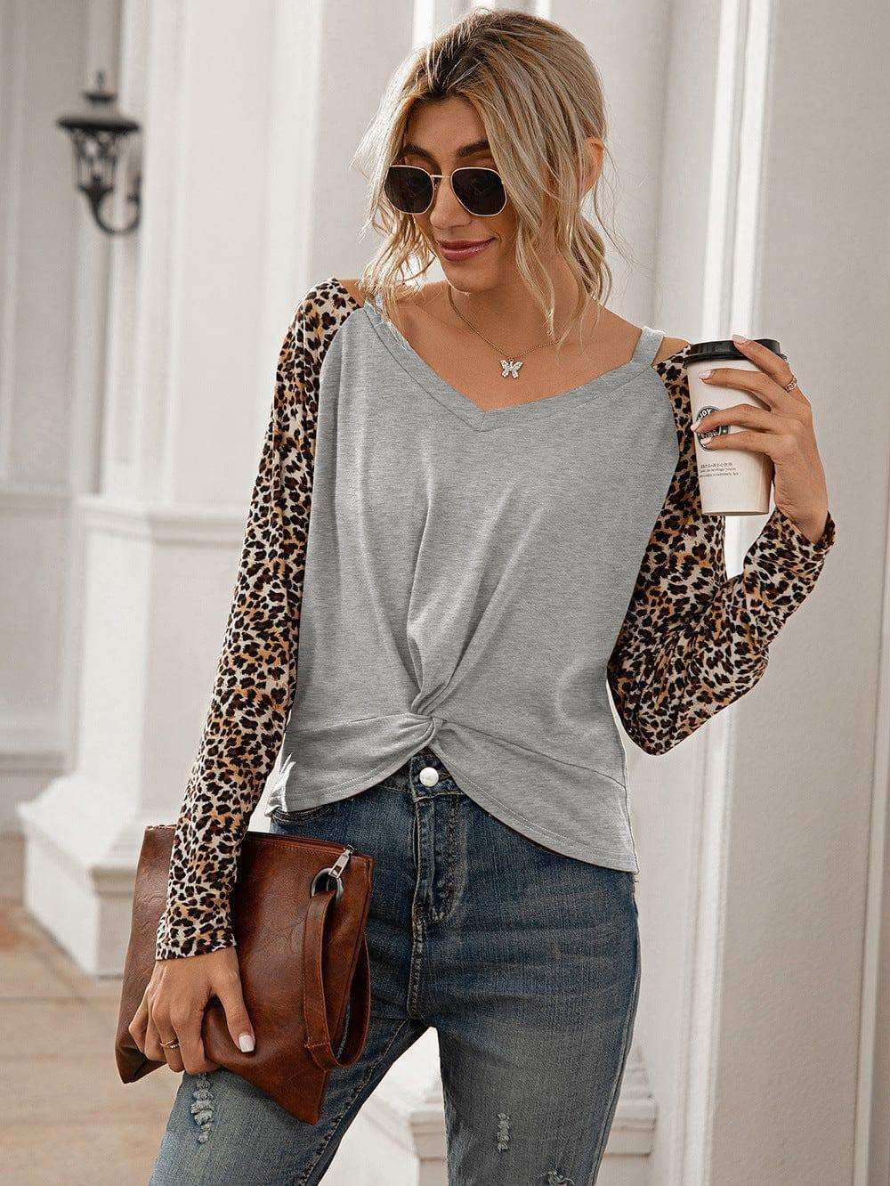 Leopard Twist Front Cold-Shoulder Tee - Trendsi - Flyclothing LLC
