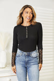 Double Take Crochet Lace Hem Sleeve Button Top - Trendsi