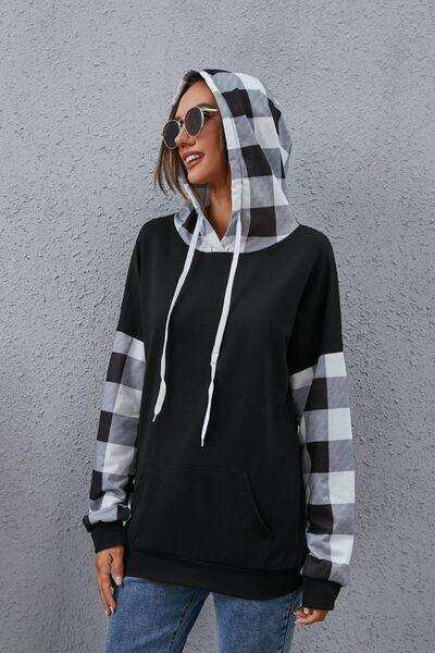 Plaid Drawstring Dropped Shoulder Hoodie - Trendsi - Flyclothing LLC