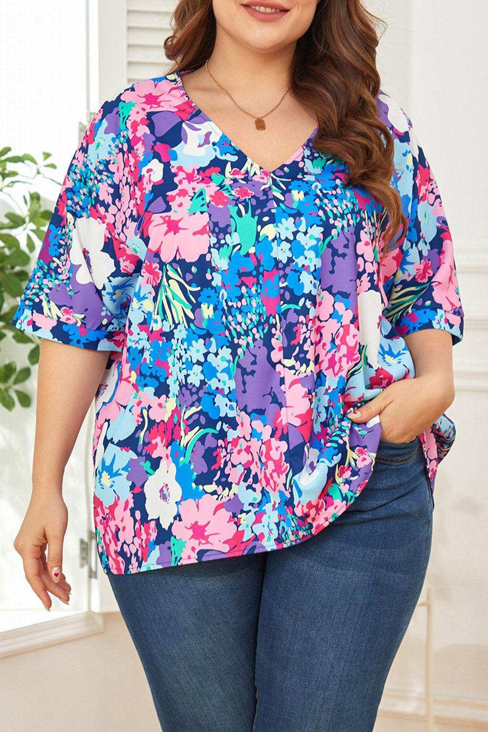 Floral Center Seam V-Neck Blouse - Trendsi - Flyclothing LLC