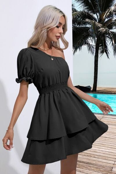 Layered Single Shoulder Flounce Sleeve Mini Dress - Trendsi