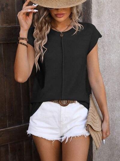 Rolled Cap Sleeve Round Neck Sweater Vest - Trendsi - Flyclothing LLC