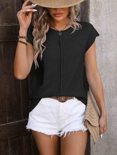 Rolled Cap Sleeve Round Neck Sweater Vest - Trendsi - Flyclothing LLC