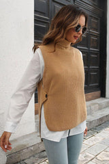 Ribbed Mock Neck Sleeveless Sweater Vest - Trendsi