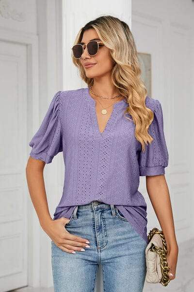 Eyelet Notched Short Sleeve T-Shirt - Trendsi - Flyclothing LLC