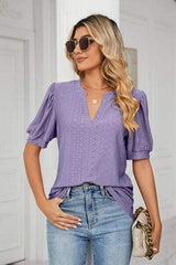 Eyelet Notched Short Sleeve T-Shirt - Trendsi - Flyclothing LLC