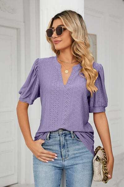 Eyelet Notched Short Sleeve T-Shirt - Trendsi - Flyclothing LLC