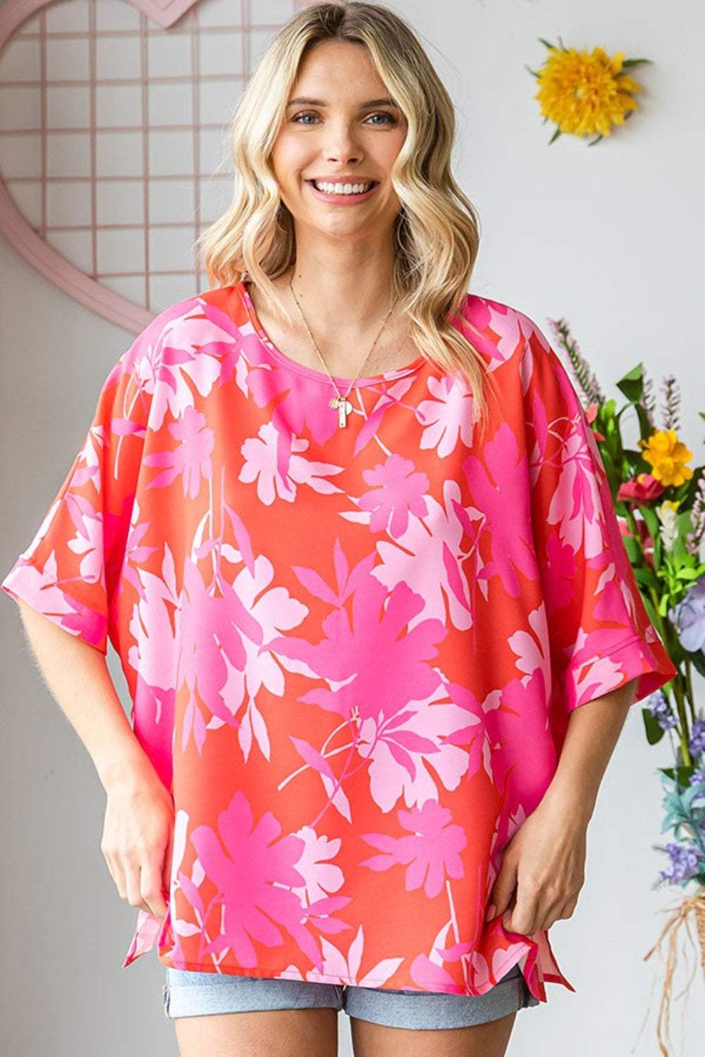 First Love Slit Printed Round Neck Half Sleeve Blouse - Trendsi - Flyclothing LLC