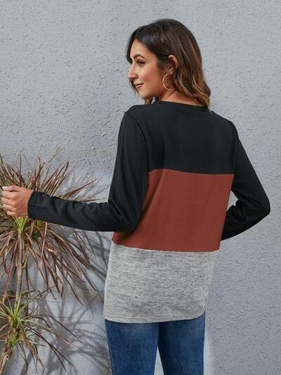 Color Block Round Neck Long Sleeve T-Shirt - Trendsi